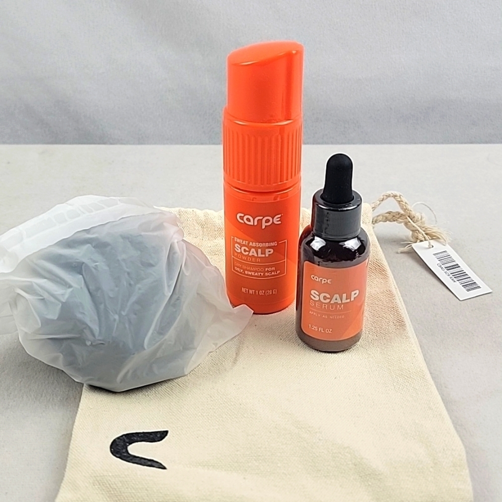 NWT Carpe sweat absorbing scalp powder, serum, applicator massager and bag